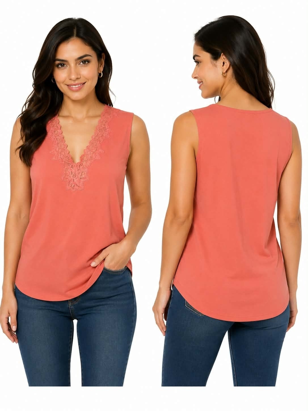 Jones New York Coral Lace-Trim V-Neck Tank